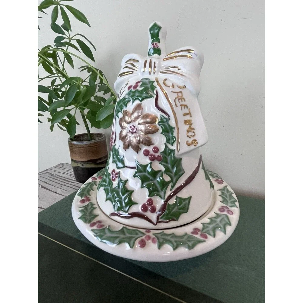 Vintage Hand Painted Christmas Ceramic White Bell Butter/Candy Dish Bow Holly